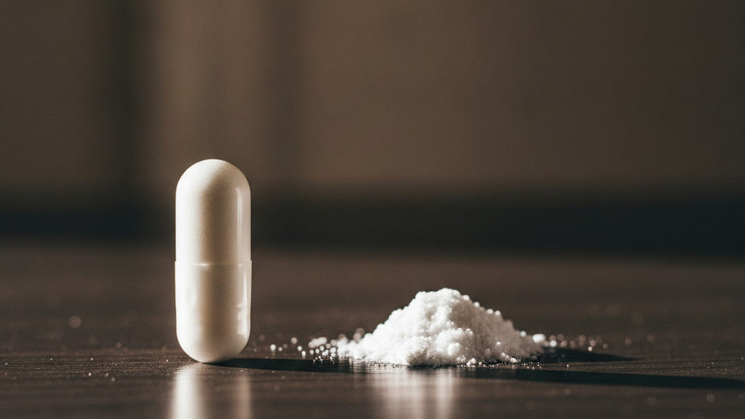 White supplement capsule standing next to powder on dark wood surface