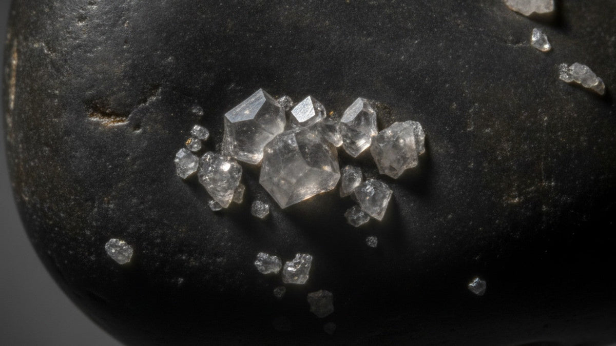 Macro view of calcium oxalate crystals on dark stone surface