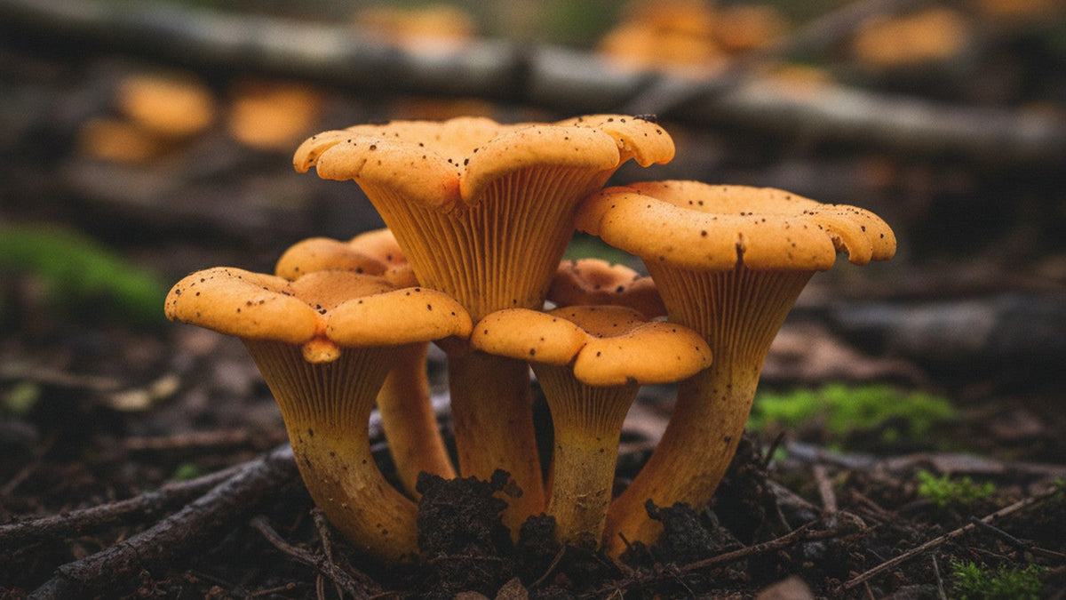 Golden chanterelle mushrooms on forest floor