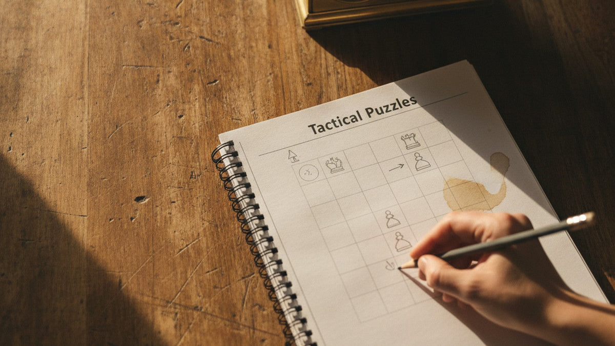 Chess puzzle workbook open on wooden table with pencil and clock