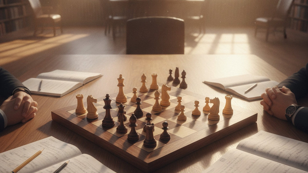 Chess board during active game on wooden table with notebooks