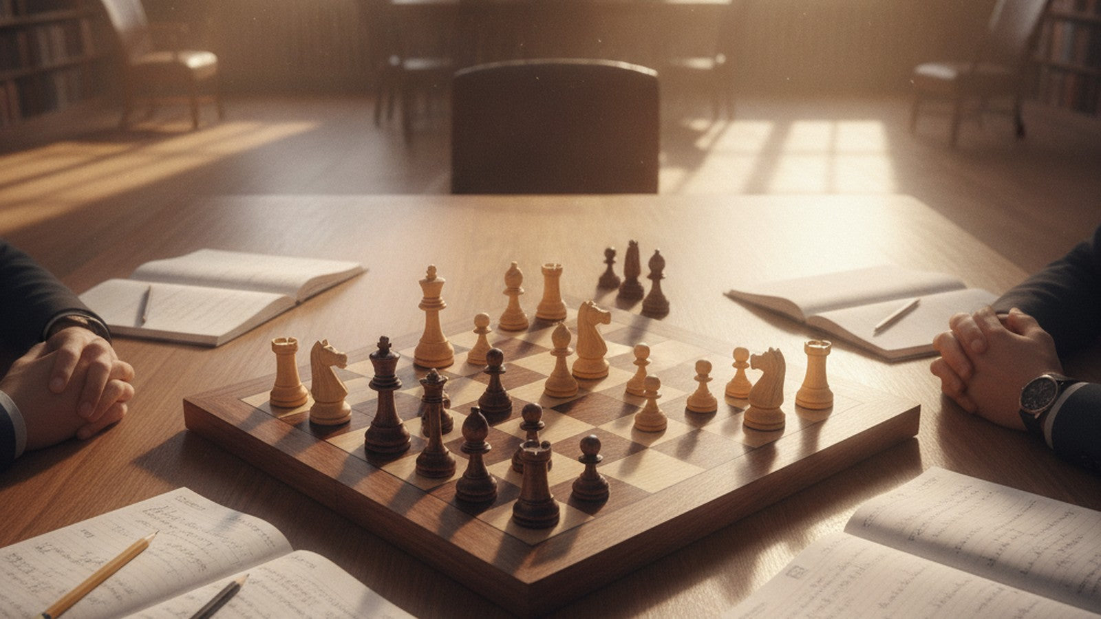 Chess board during active game on wooden table with notebooks