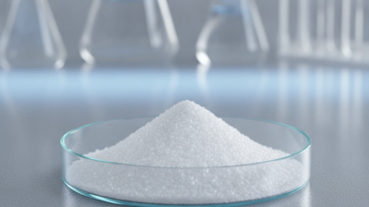 Chitosan powder in petri dish on lab bench