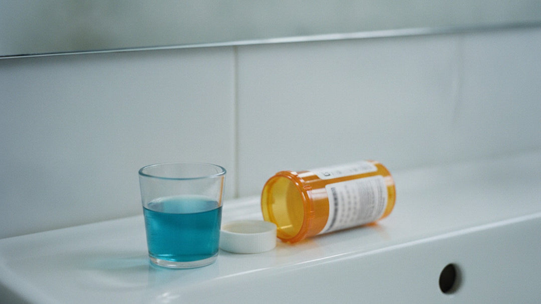 Measuring cup of mouthwash beside prescription bottle on bathroom sink