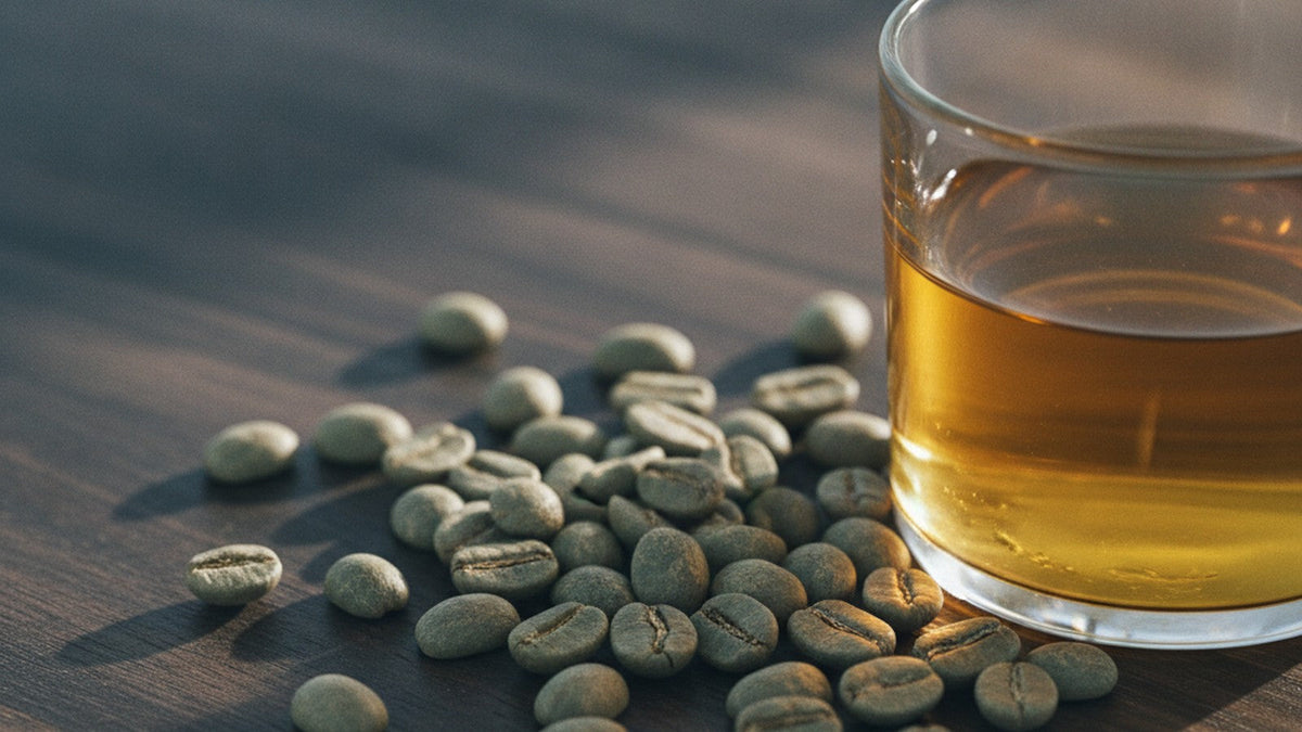 Green coffee beans and extract on dark surface