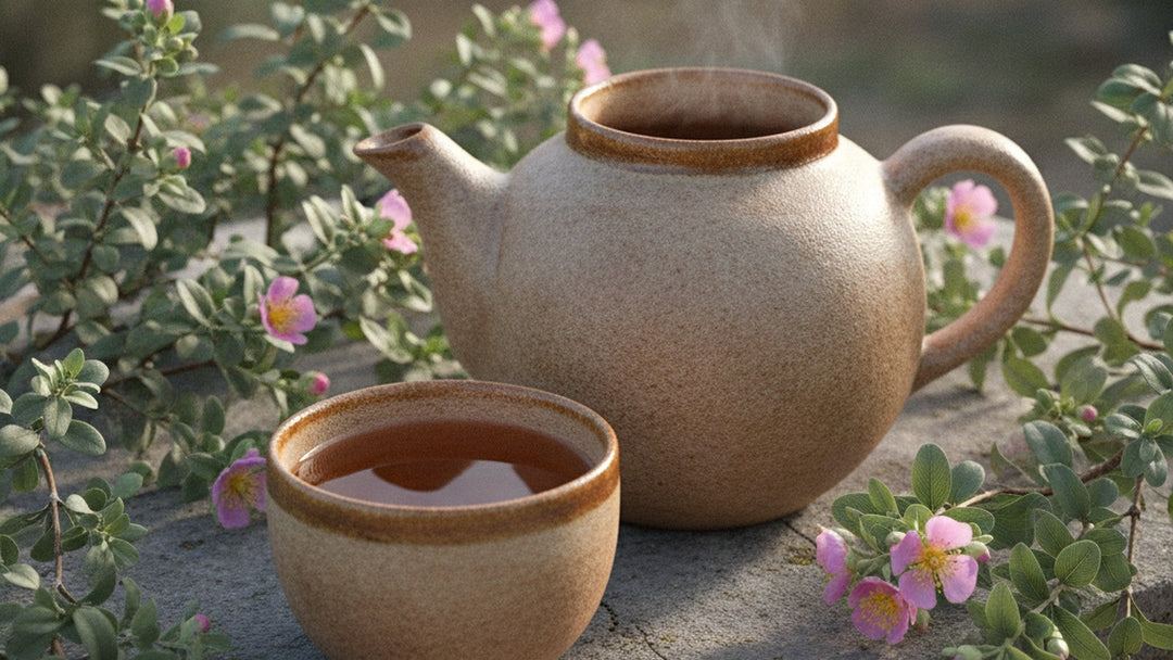 Cistus incanus tea in ceramic cup with fresh rock rose flowers