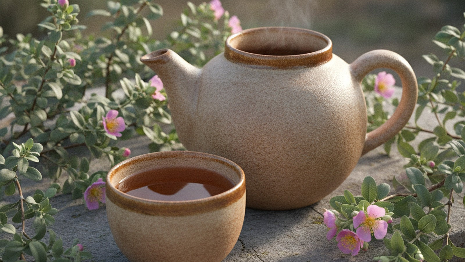 Cistus incanus tea in ceramic cup with fresh rock rose flowers