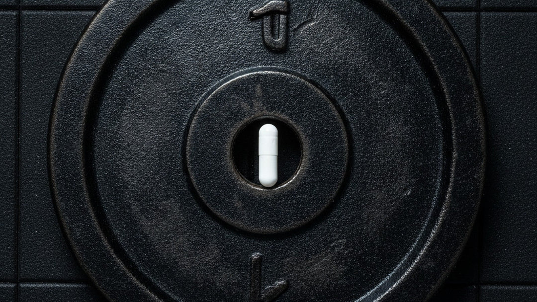 Single white supplement capsule on black weight plate