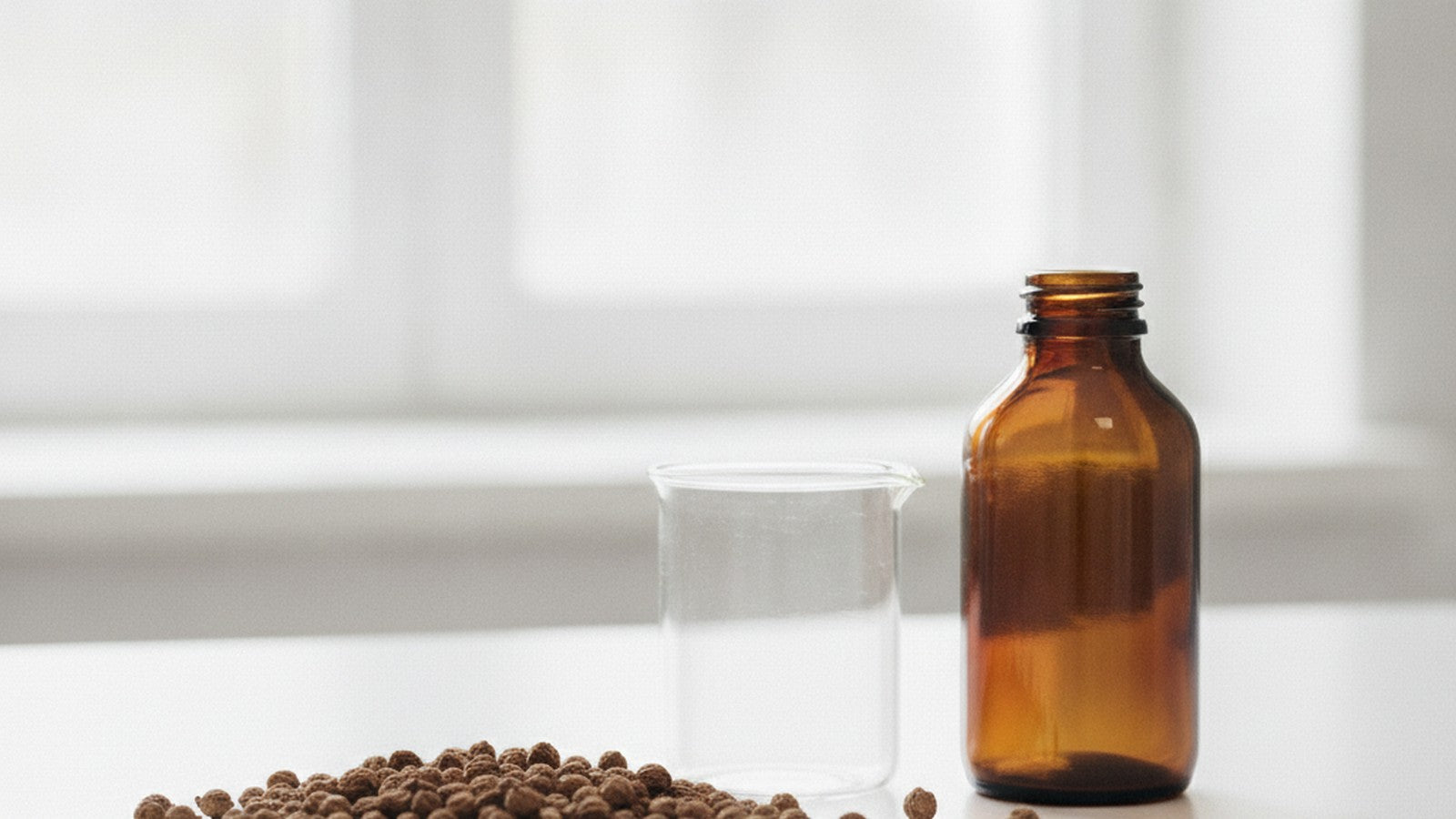 Dried cnidium seeds on laboratory bench with supplement bottle