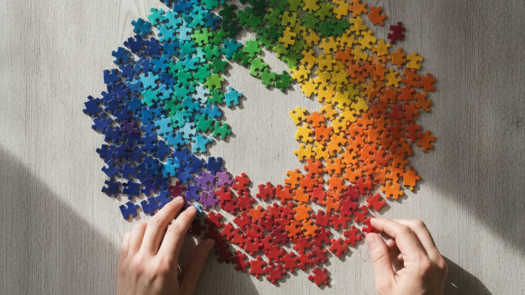 Hands sorting jigsaw puzzle pieces by color on wooden table