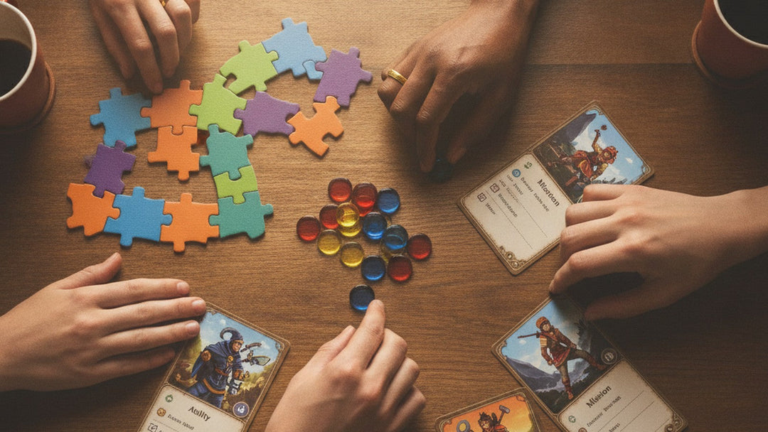 Players' hands reaching across cooperative board game with different role cards