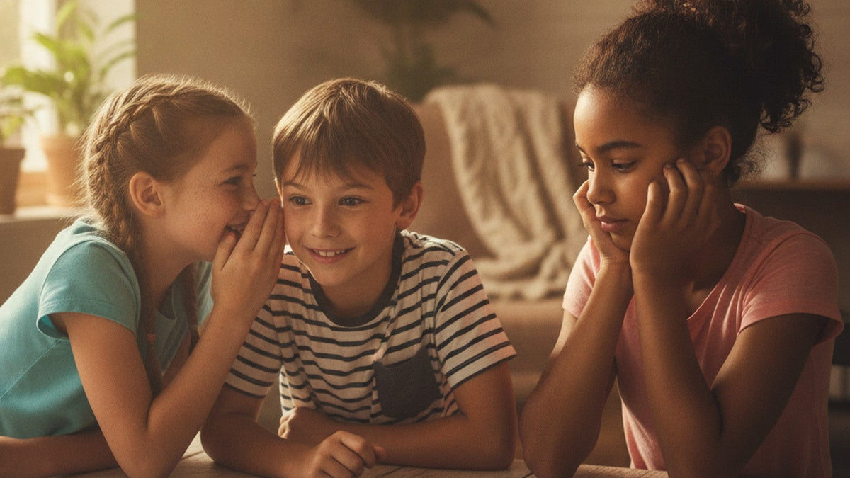 Three children leaning together over a board game, conspiring