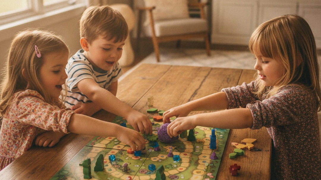 Children playing cooperative board game together at table