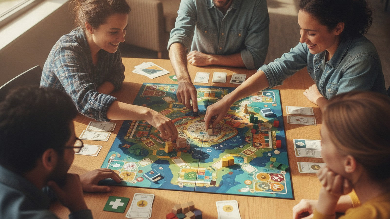 Adults playing cooperative board game together at table