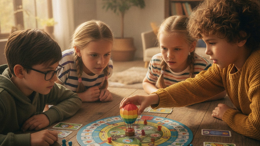 Children playing cooperative board game at table