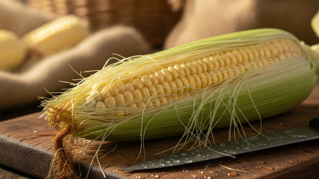Golden corn silk strands on wooden cutting board in natural light