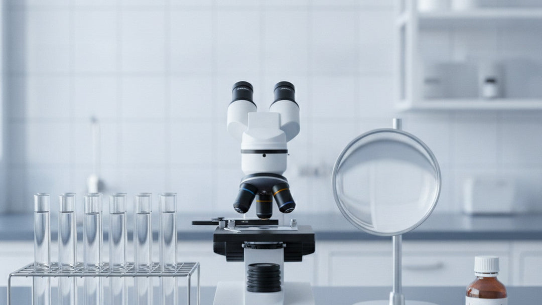 Research lab bench with microscope, test tubes and lagerstroemia speciosa extract bottle