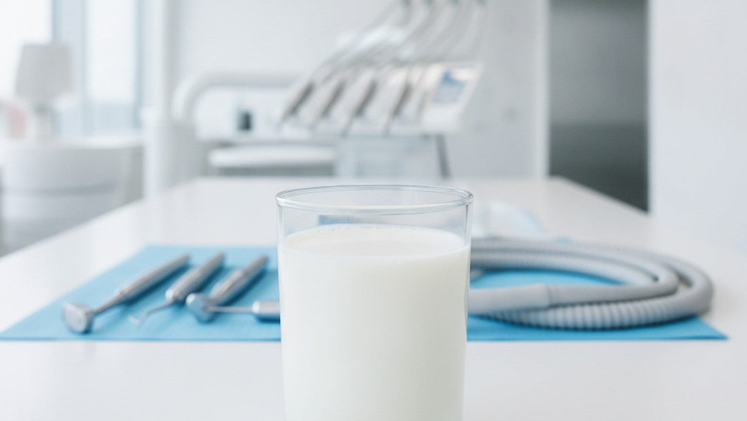 Glass of milk on laboratory bench with dental research equipment
