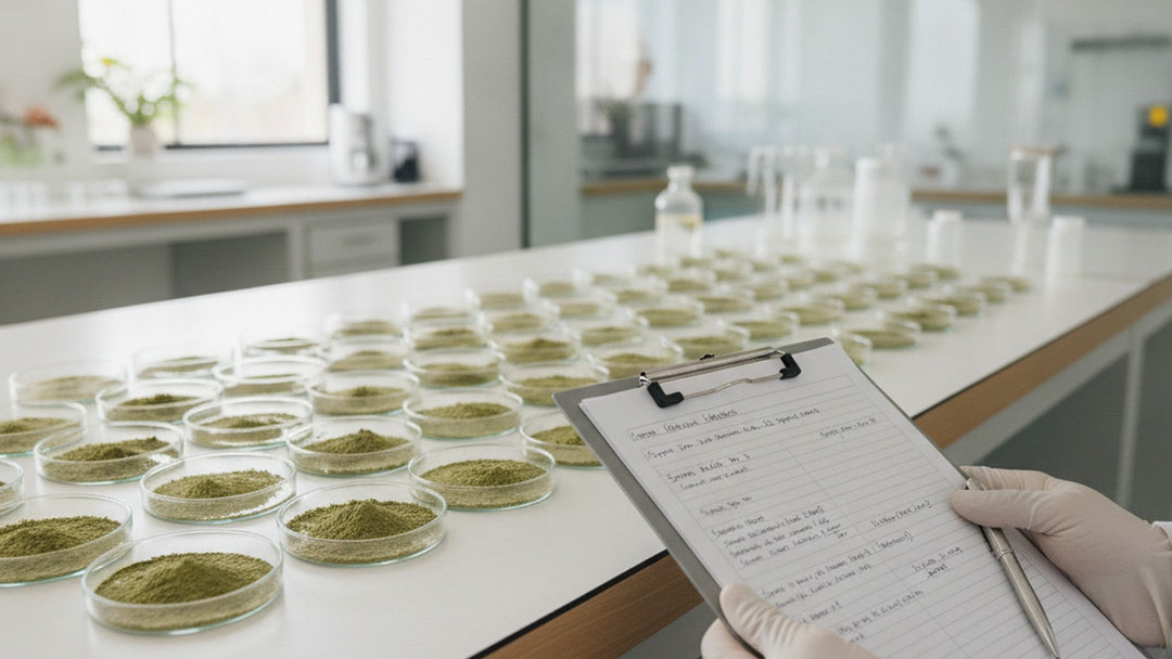 Laboratory glassware with damiana leaf powder and research notes