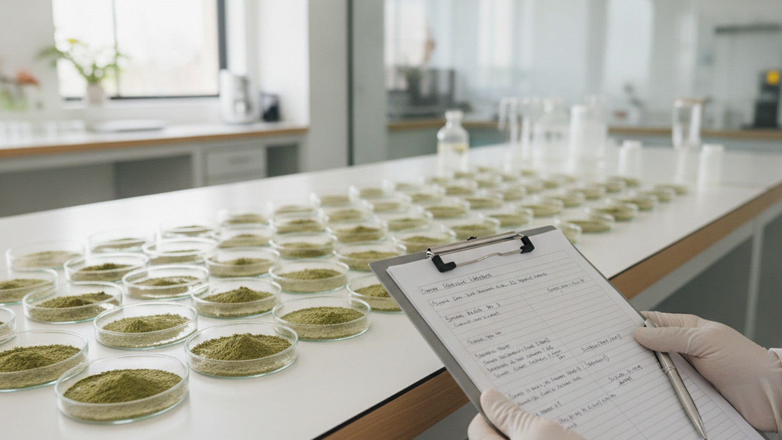Laboratory glassware with damiana leaf powder and research notes