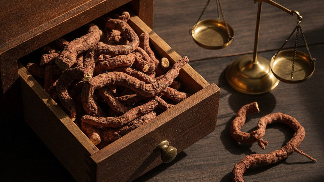 Dried danshen root pieces in an open wooden drawer