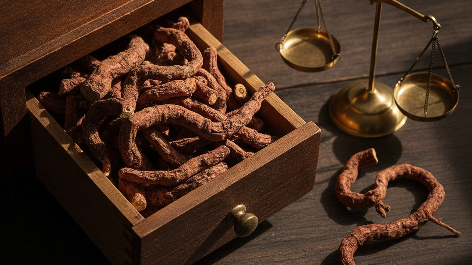 Dried danshen root pieces in an open wooden drawer
