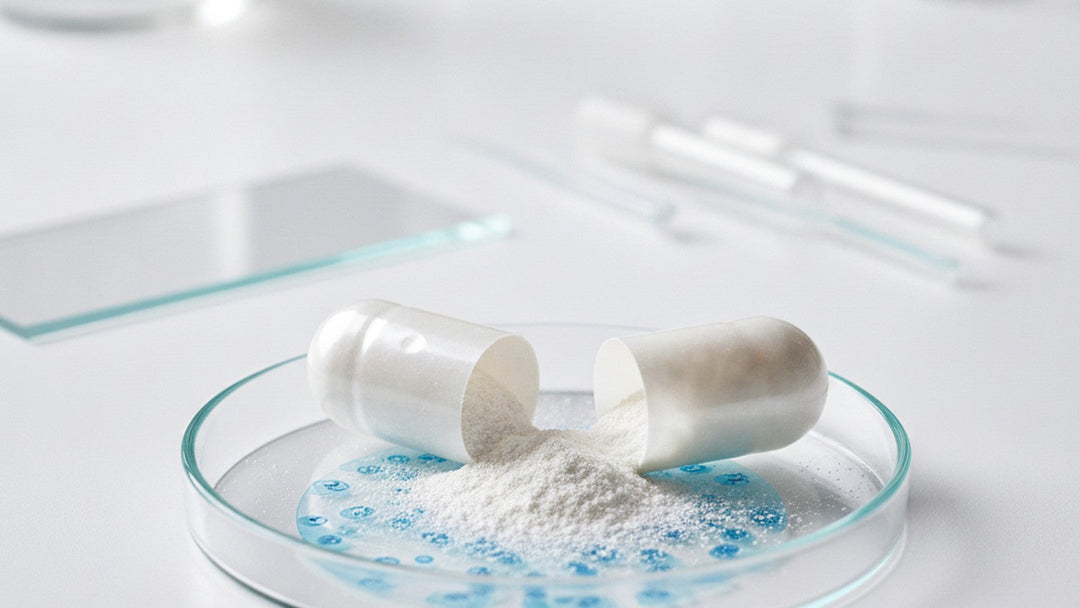Supplement capsule opened over laboratory petri dish with cell culture