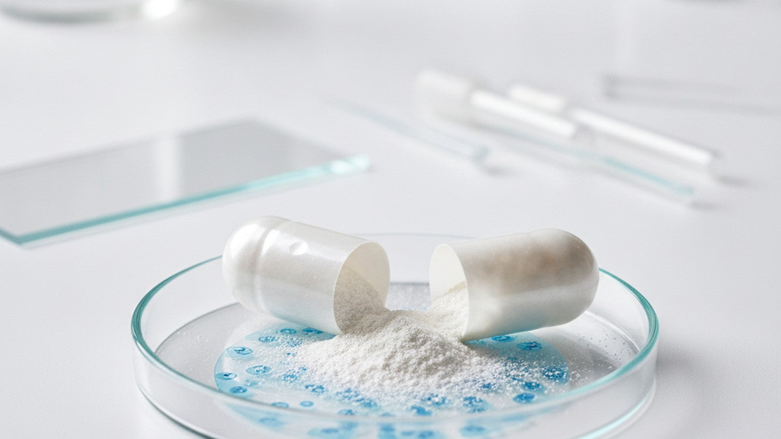 Supplement capsule opened over laboratory petri dish with cell culture
