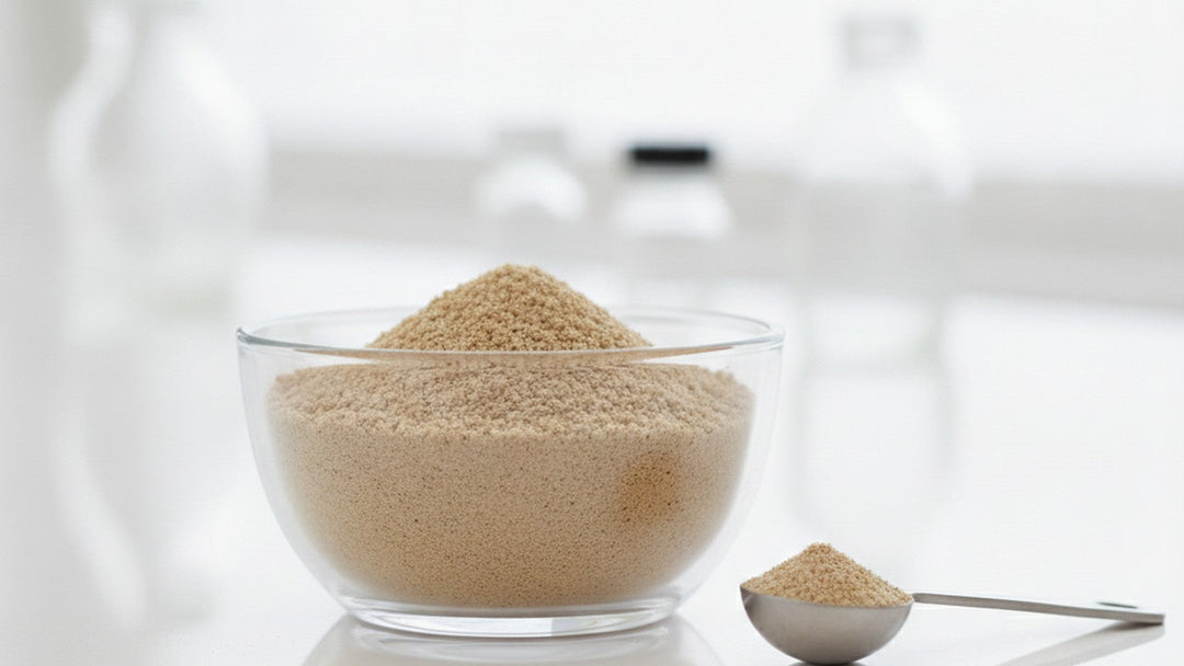 Powdered desiccated thyroid supplement in glass bowl with measuring scoop