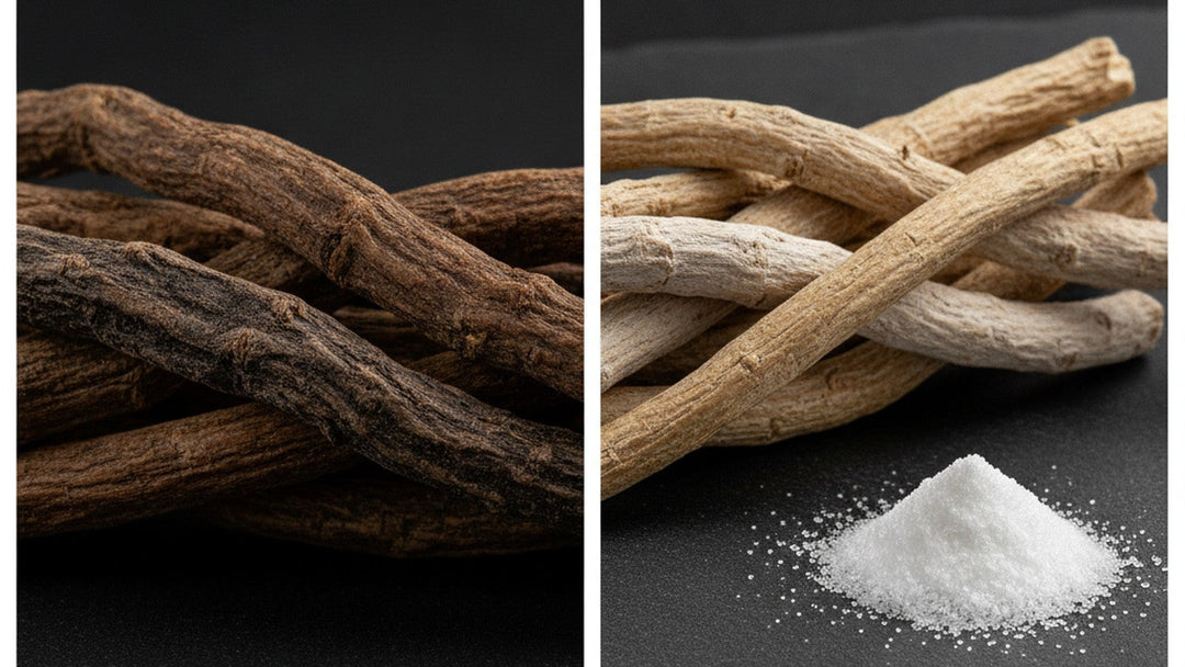 Whole licorice roots beside deglycyrrhizinated roots with removed glycyrrhizin powder