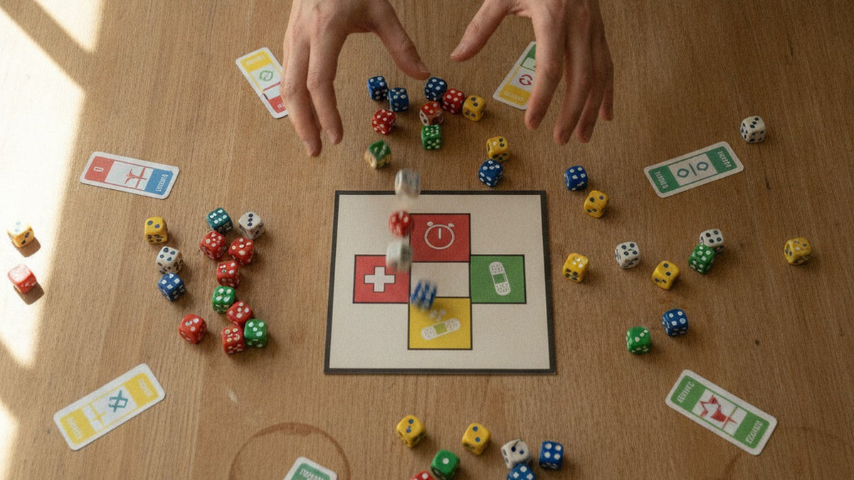 Hands rolling dice over triage cards and a medical simulation game board