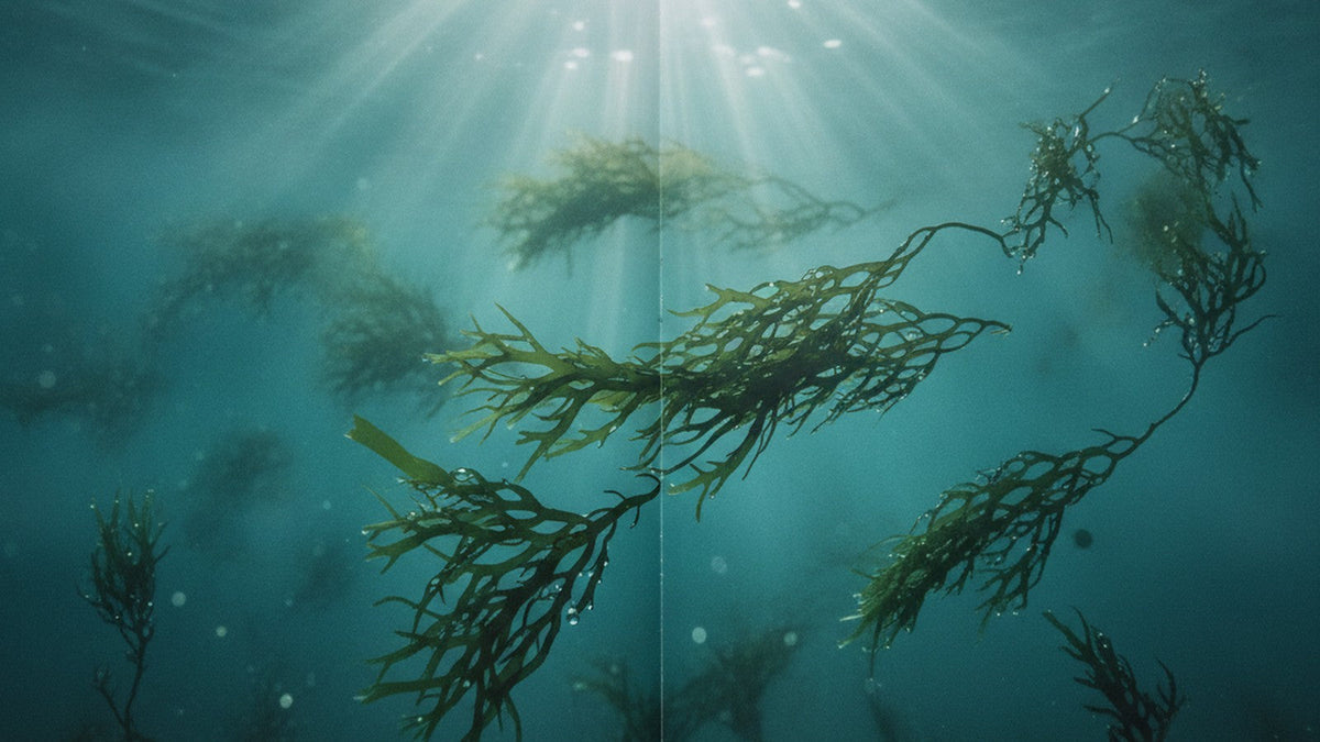 Green seaweed underwater with sunlight
