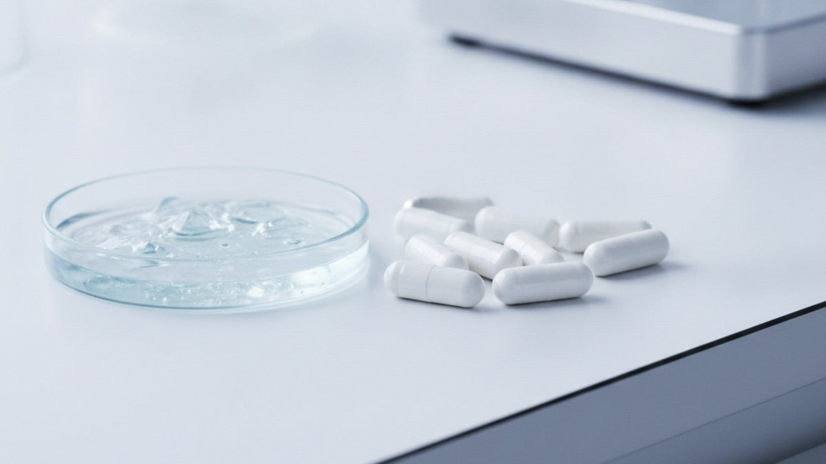 Elastin supplement capsules beside laboratory collagen gel