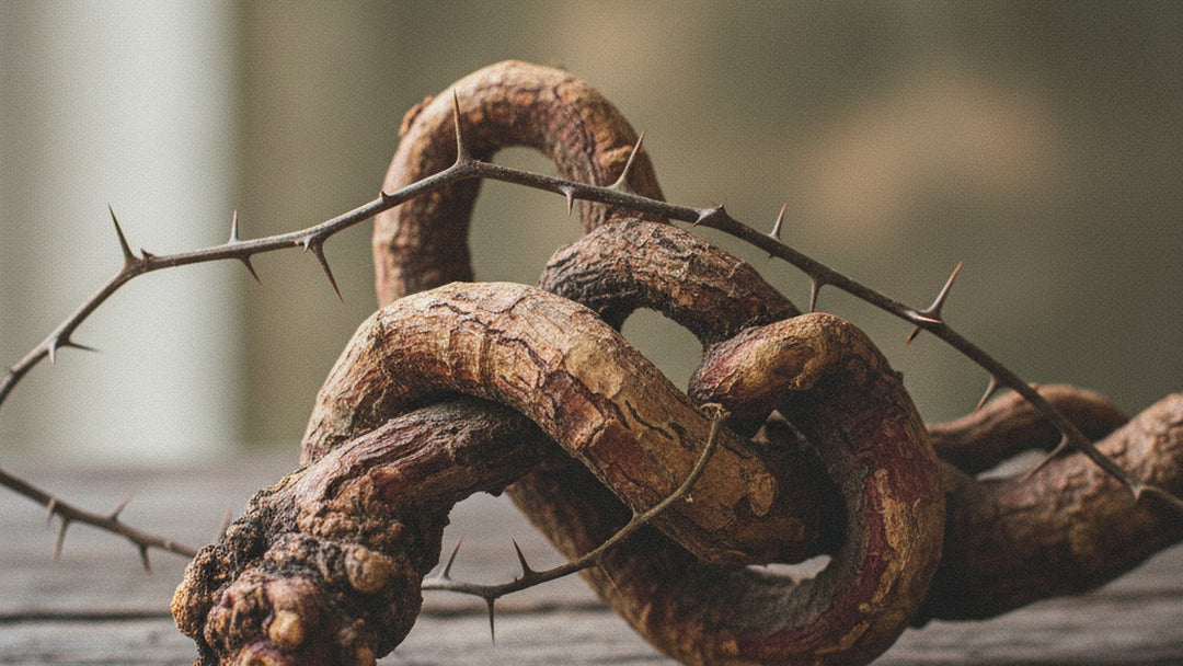 Eleuthero root and thorny stems on wooden surface