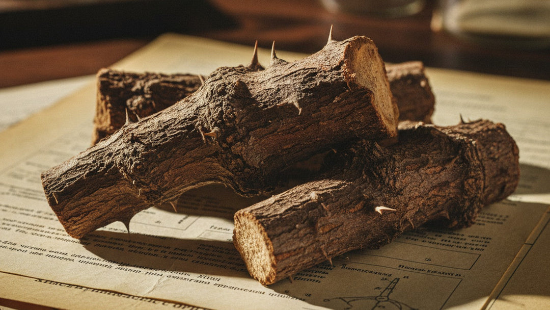 Thorny eleuthero root bark on vintage Russian research documents