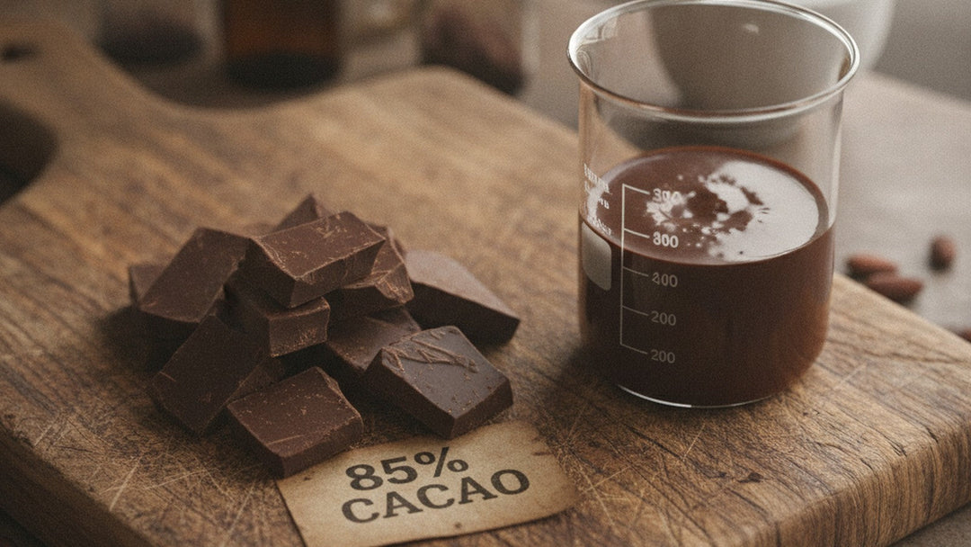 Dark chocolate bars broken on cutting board next to beaker of cocoa extract