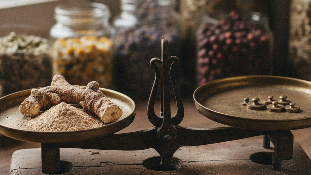 Dried eryngium campestre root on vintage apothecary scale