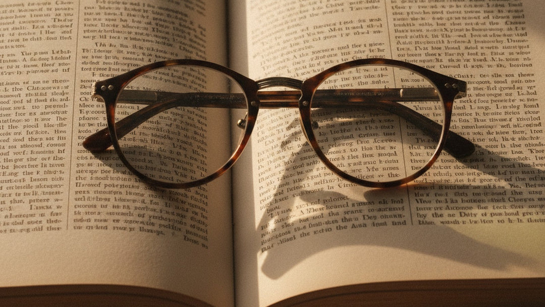 Reading glasses on open book with small text