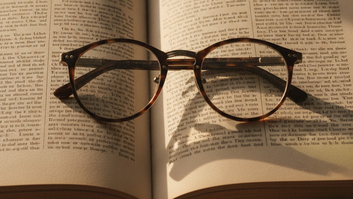 Reading glasses on open book with small text