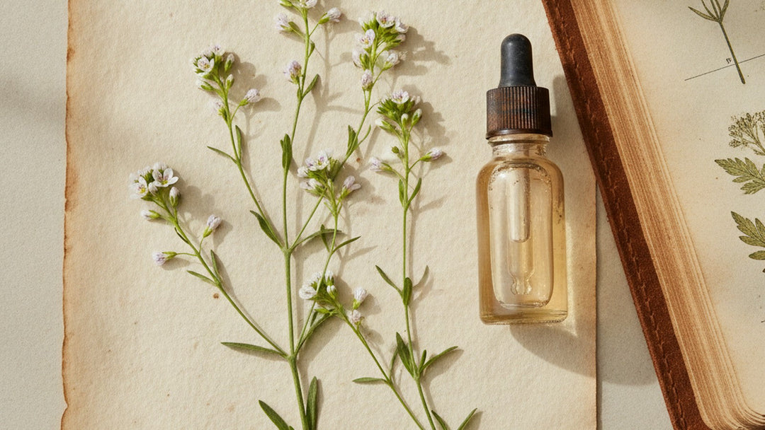 Fresh eyebright flowers with dropper bottle on apothecary paper