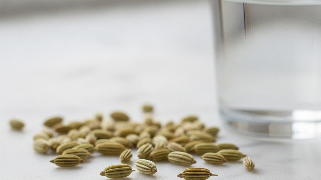 Fennel seeds on white marble surface
