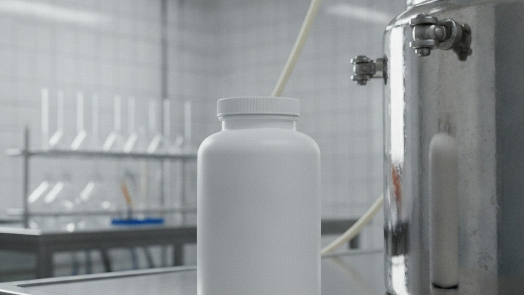 Supplement bottle beside fermentation equipment in laboratory