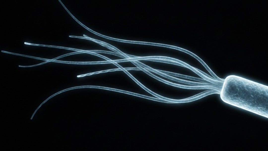 Bacterial flagella under dark field microscopy showing whip-like protein structures
