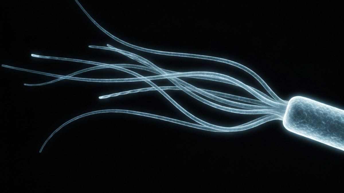 Bacterial flagella under dark field microscopy showing whip-like protein structures