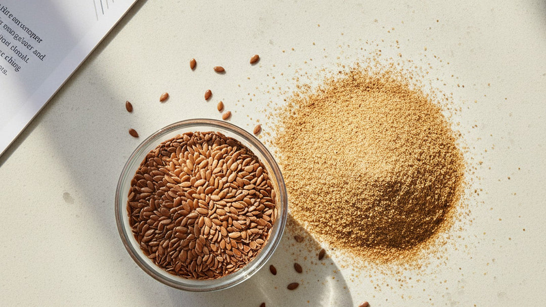 Bowl of whole flaxseeds next to ground flaxseed powder on marble counter