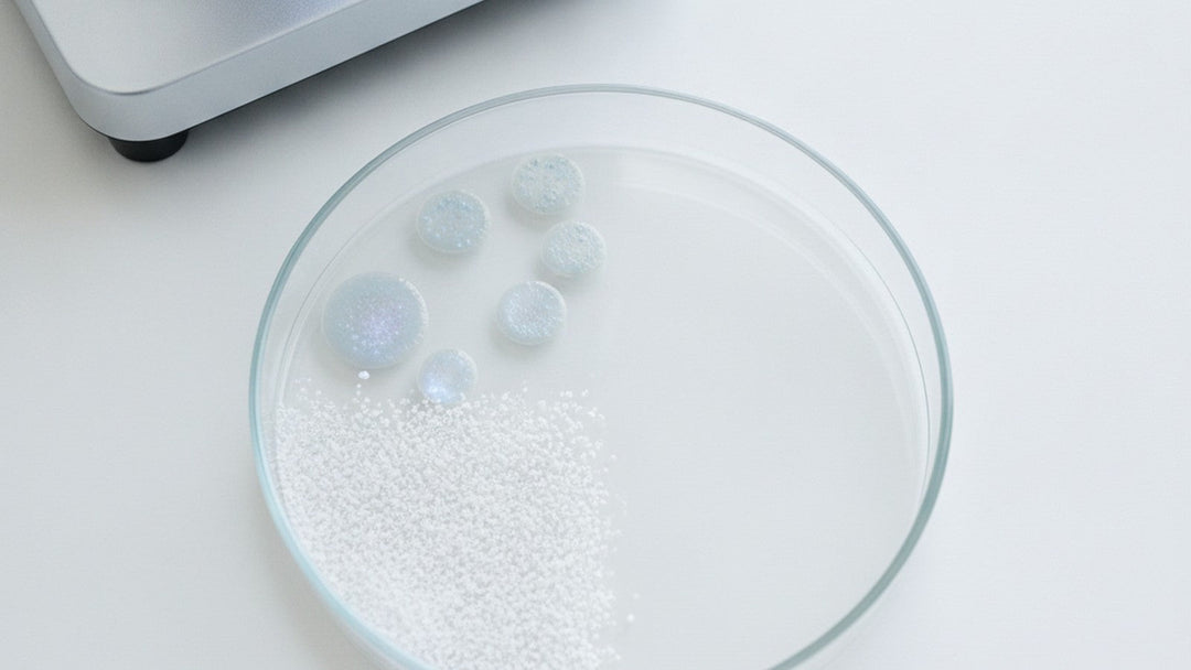 Bacterial colonies growing in petri dish with fructose oligosaccharide powder