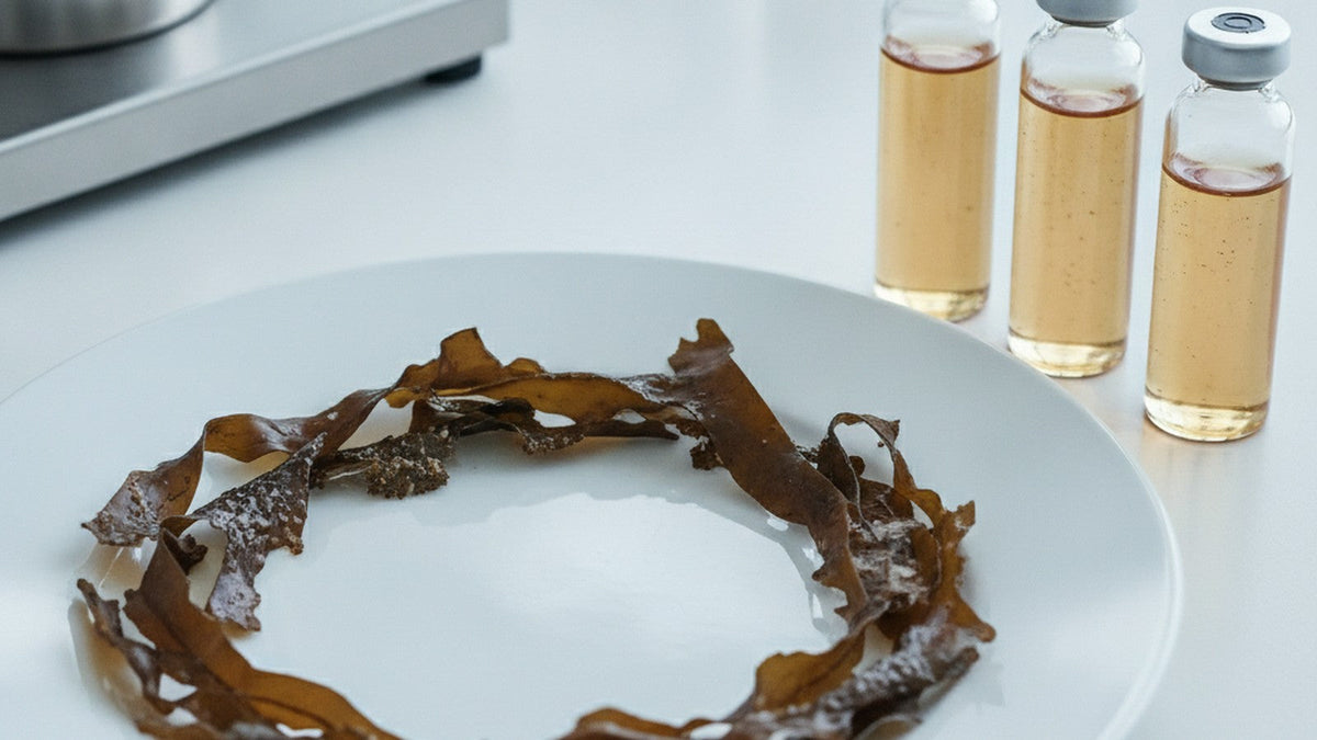 Brown kelp pieces next to vials of golden extract on white plate