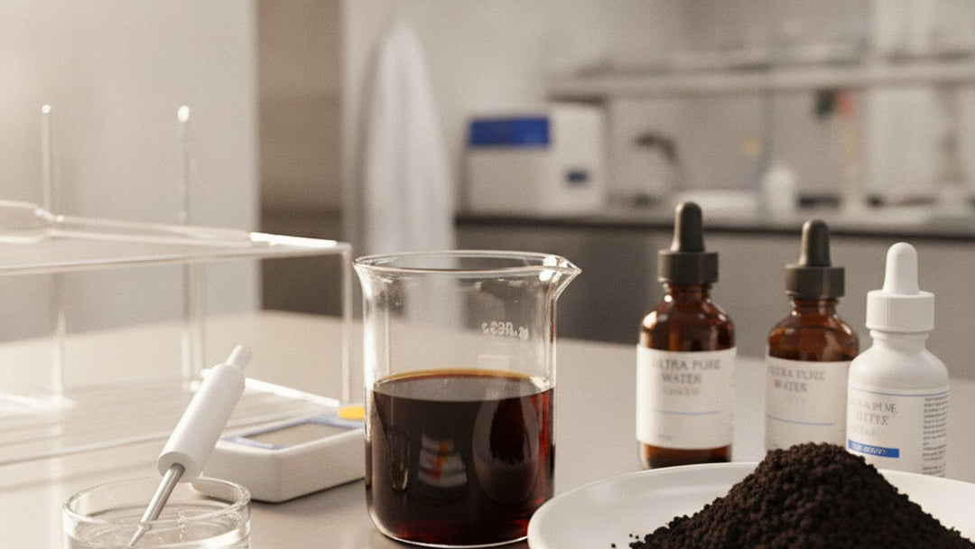 Beaker of fulvic acid solution beside humic soil sample on laboratory bench