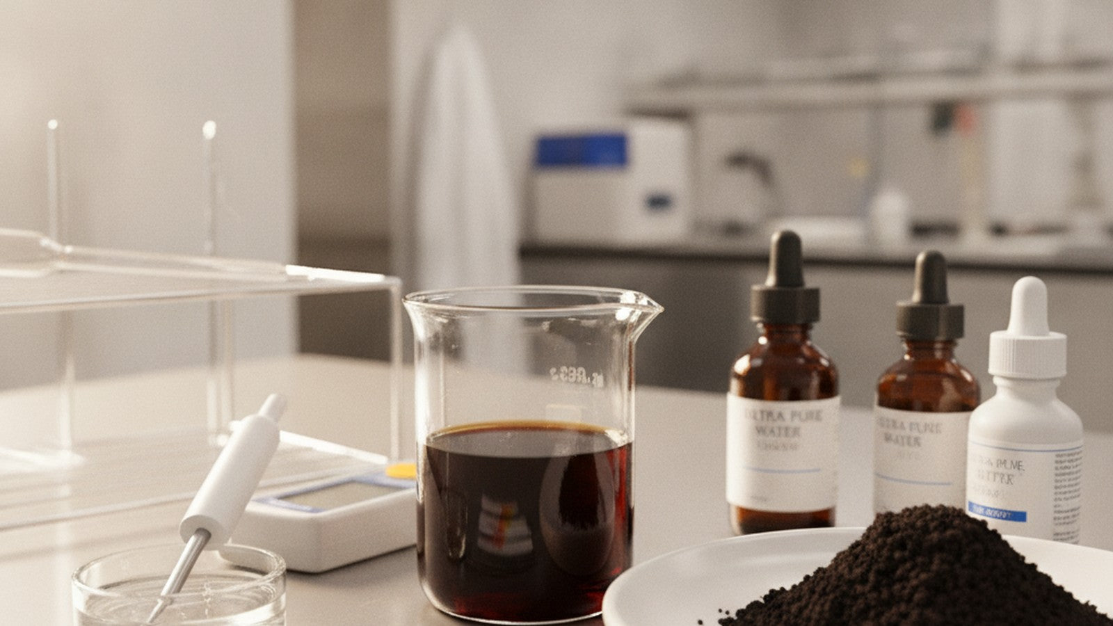 Beaker of fulvic acid solution beside humic soil sample on laboratory bench