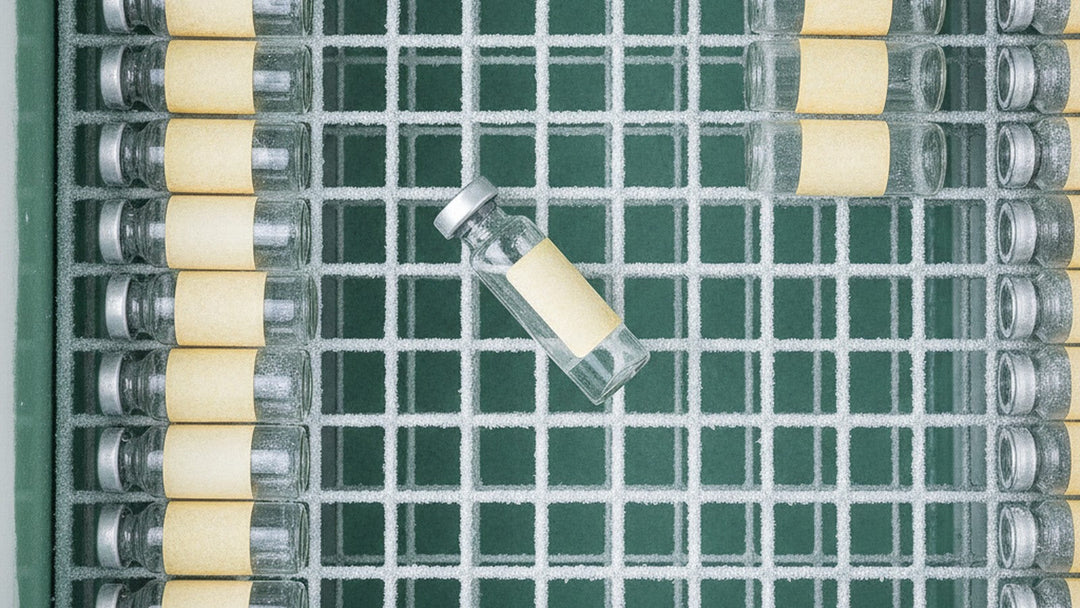 Vintage laboratory freezer shelf with labeled gallium trial sample vials from 1985